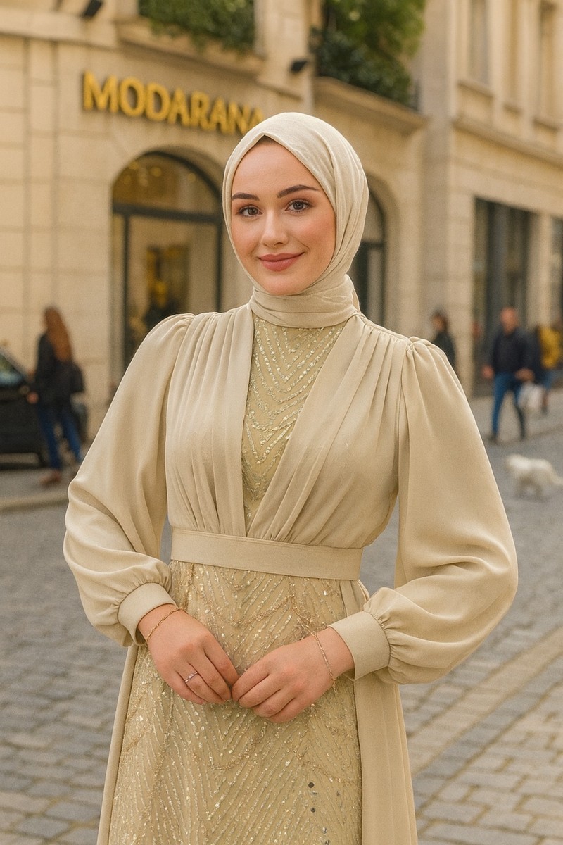 Yonca Tesettür Abiye Krem