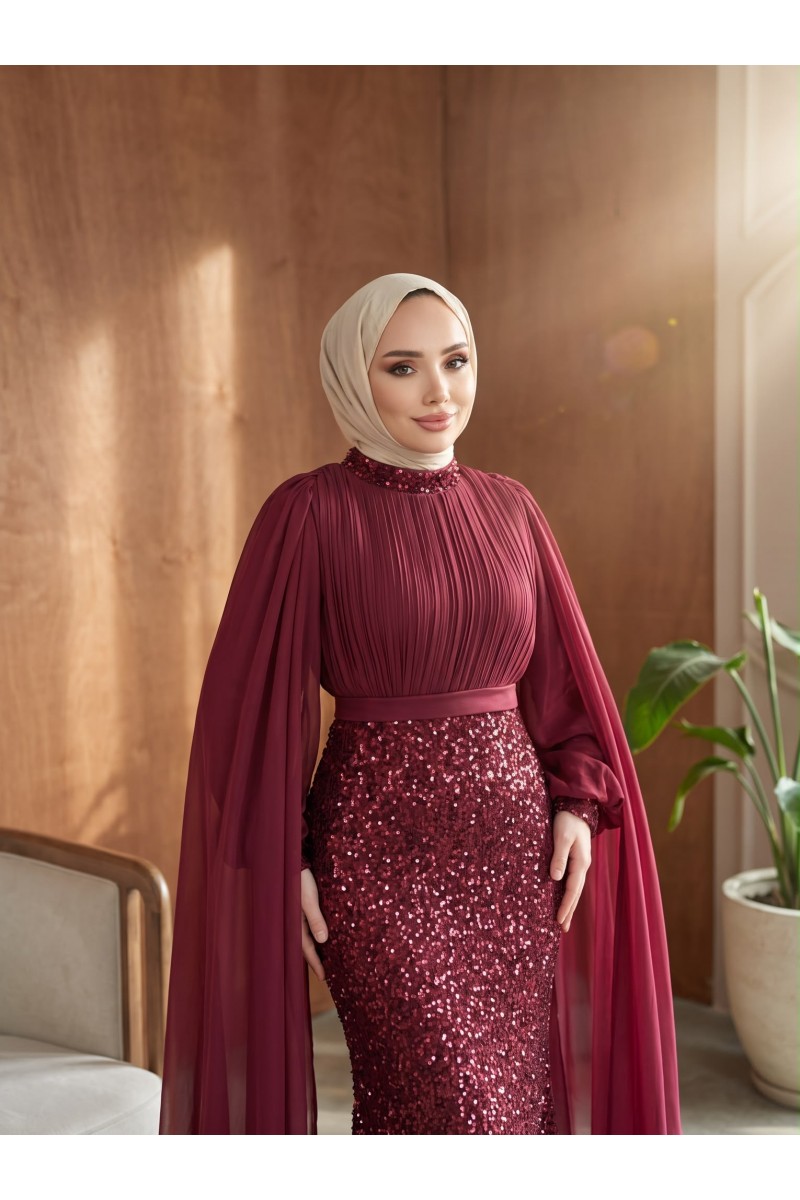 Sara Tesettür Abiye Bordo 