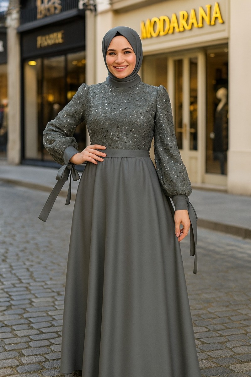 Yasemin Tesettür Abiye Gri