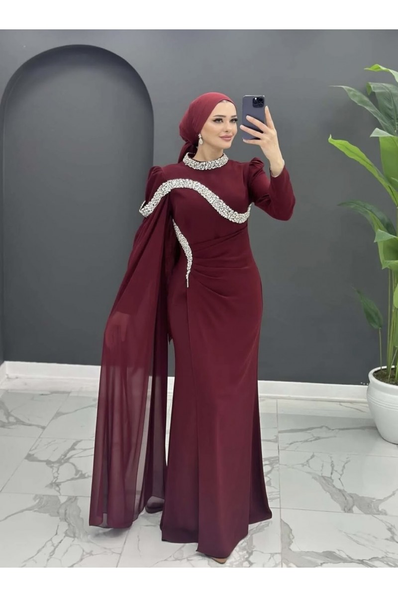 Simge Tesettür Abiye Bordo